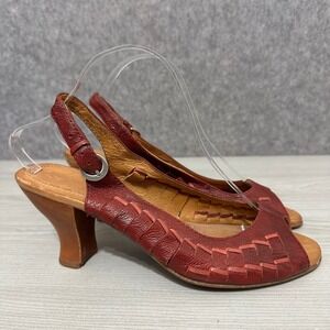 Naya Fandanga Red Leather Woven Peep Toe Slingback Bamboo Heel Sandals Sz 10